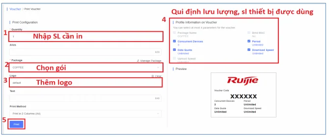 Thực hiện khai báo như hình và bấm Print