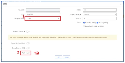 Open và đã tắt Auth (xác thực)