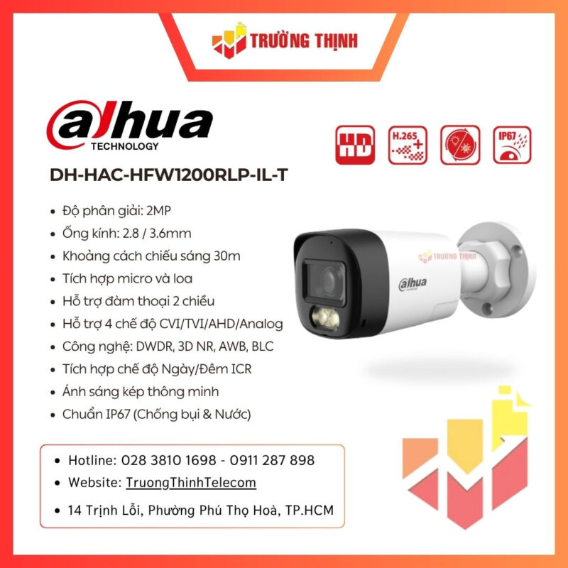 Camera HDCVI 2MP DAHUA DH-HAC-HFW1200RLP-IL-T