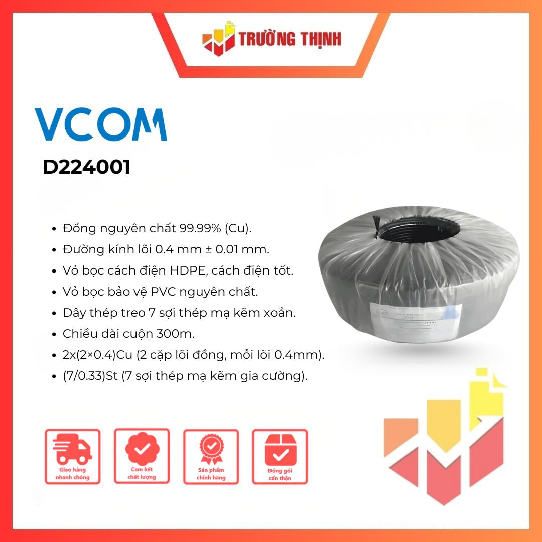 Dây Dropwire Camera 2x(2x0.4)Cu + (7/0.33)St PVC (300m) VCOM (D224001)