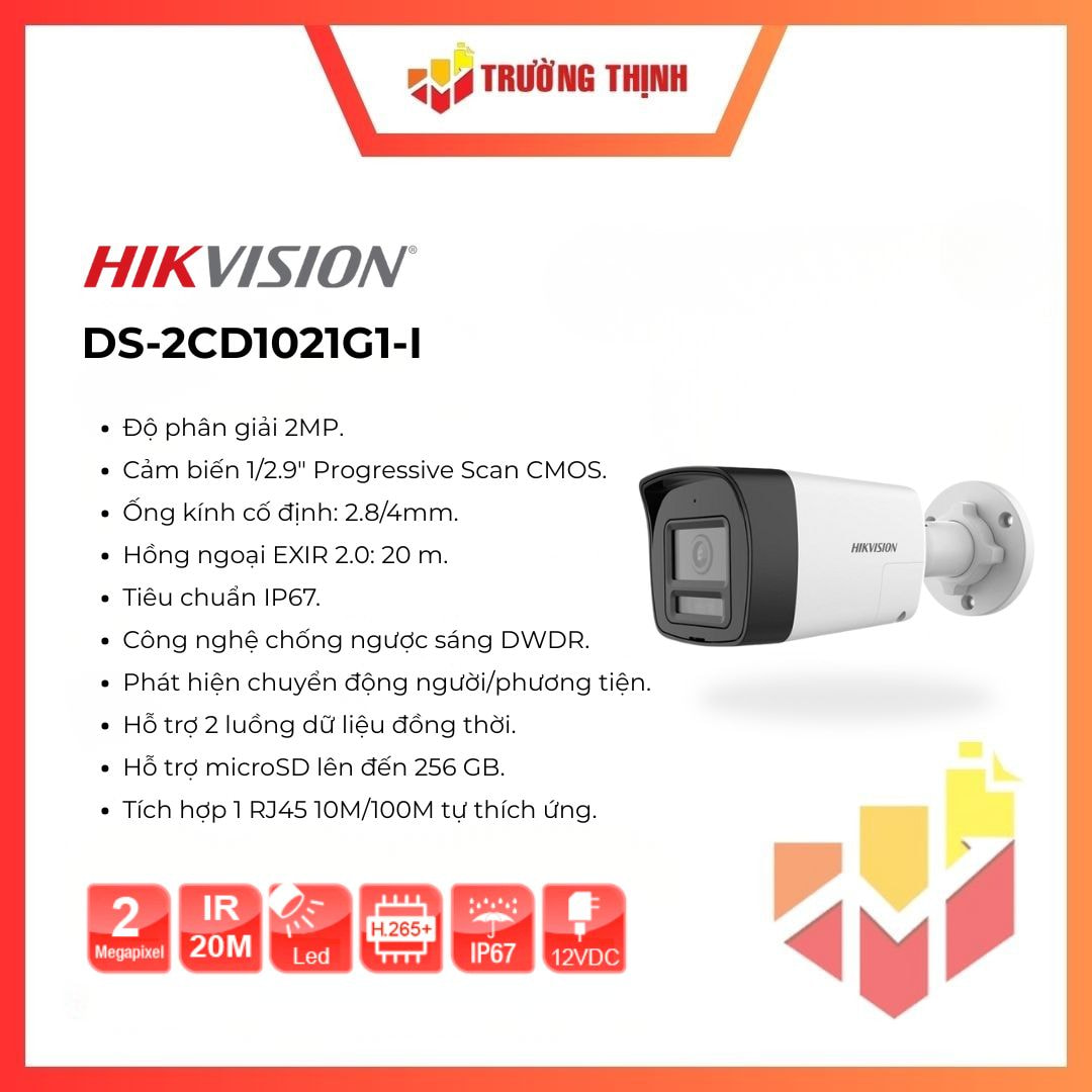 Camera IP thân trụ hồng ngoại HikVision DS-2CD1021G1-I 2MP