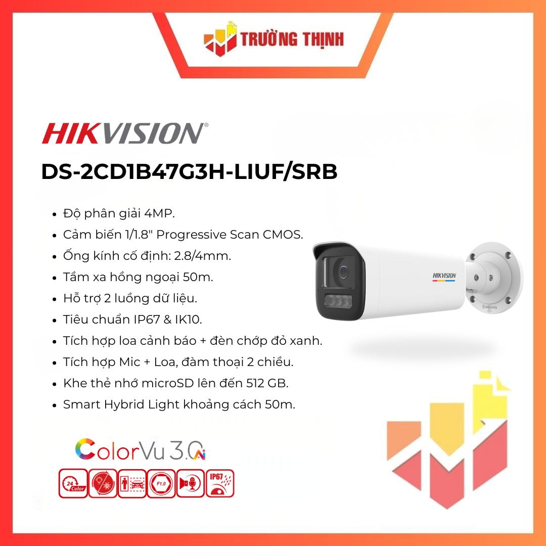 Camera quan sát Hikvision 4MP DS-2CD1B47G3H-LIUF/SRB ColorVu 3.0