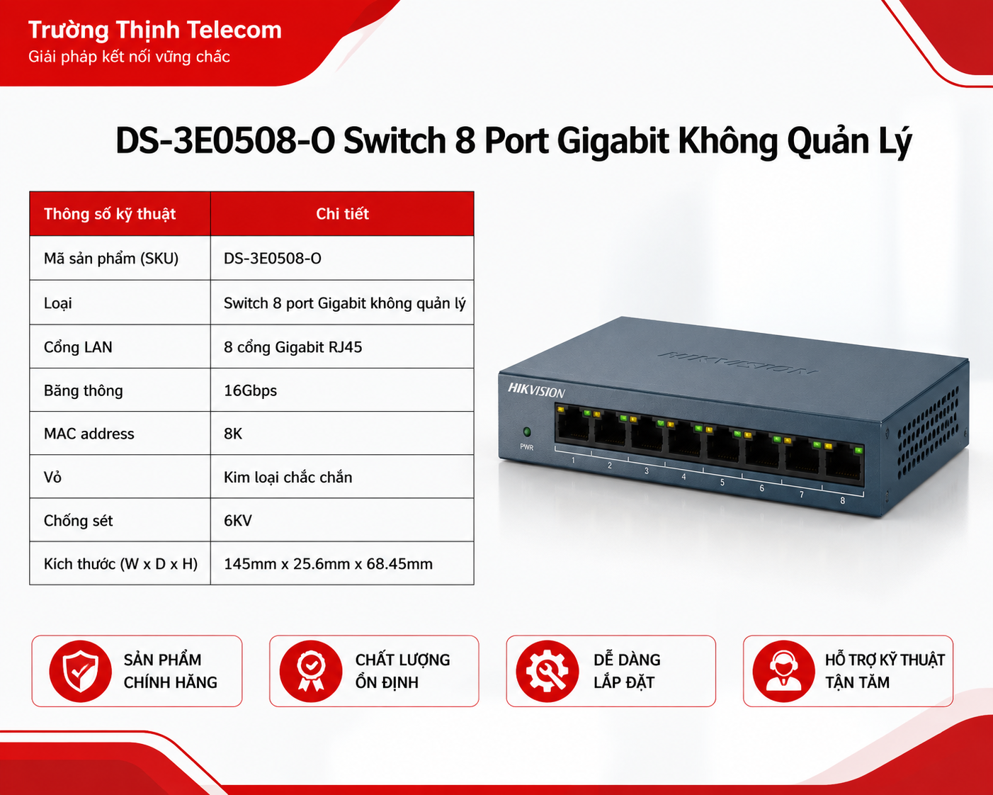 Switch 8 Port Gigabit Hikvision DS-3E0508-O (10/100/1000mbps )