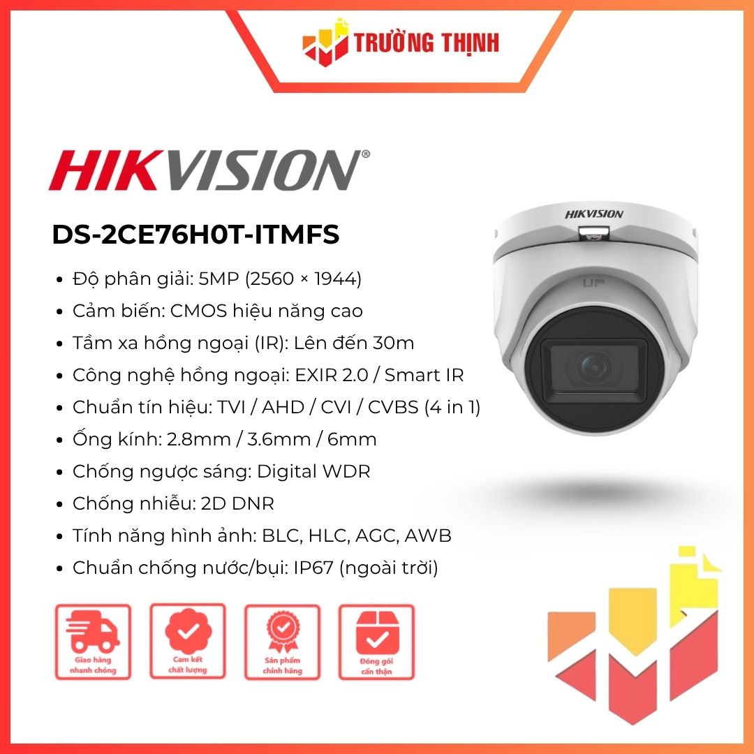 Camera Turbo HDTVI Hikvision DS-2CE76H0T-ITMFS 5MP có mic