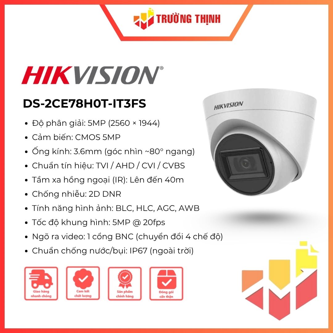 Camera HDTVI Turbo HD Hikvision DS-2CE78H0T-IT3FS 5MP