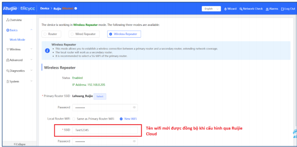 Phát WiFi Reyee Chạy Chế Độ Wireless Repeater