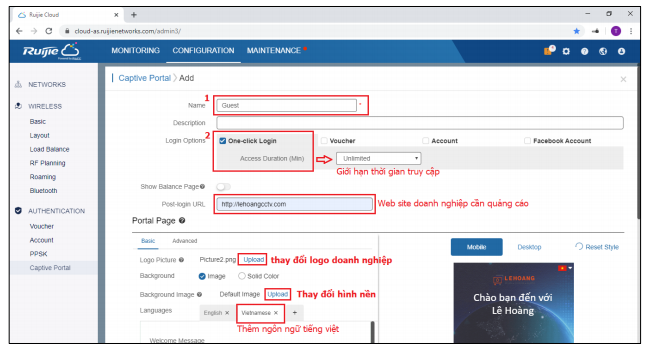 Hướng dẫn cài đặt xác thực truy cập Wi-Fi qua Ruijie Cloud