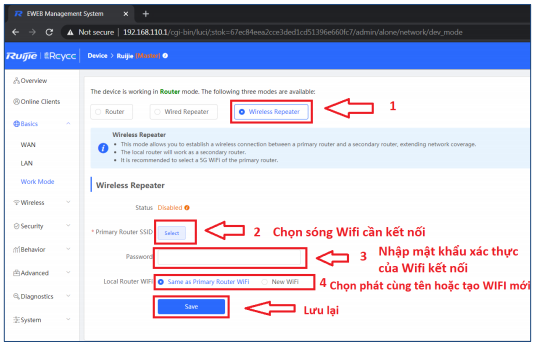 Phát WiFi Reyee Chạy Chế Độ Wireless Repeater