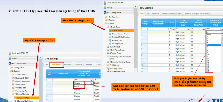 Thiết lập hạn chế thời gian trên trung kế