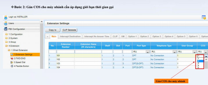 Gán COS cho máy nhánh cần áp dụng giới hạn thời gian gọi