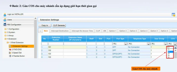 Gán COS cho máy nhánh cần áp dụng giới hạn thời gian gọi