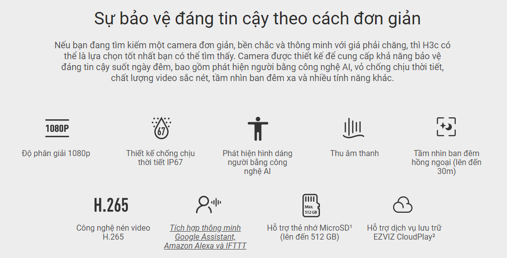 Thông số kỹ thuật Camera wifi Ezviz CS-H3C Không màu