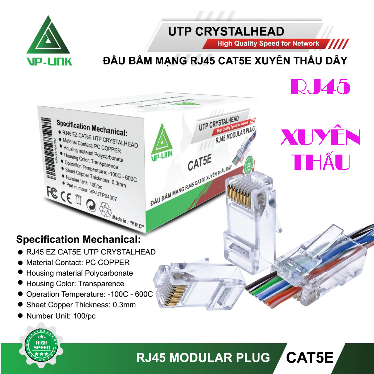 Đầu RJ45 VP-Link CAT5E Xuyên Thấu