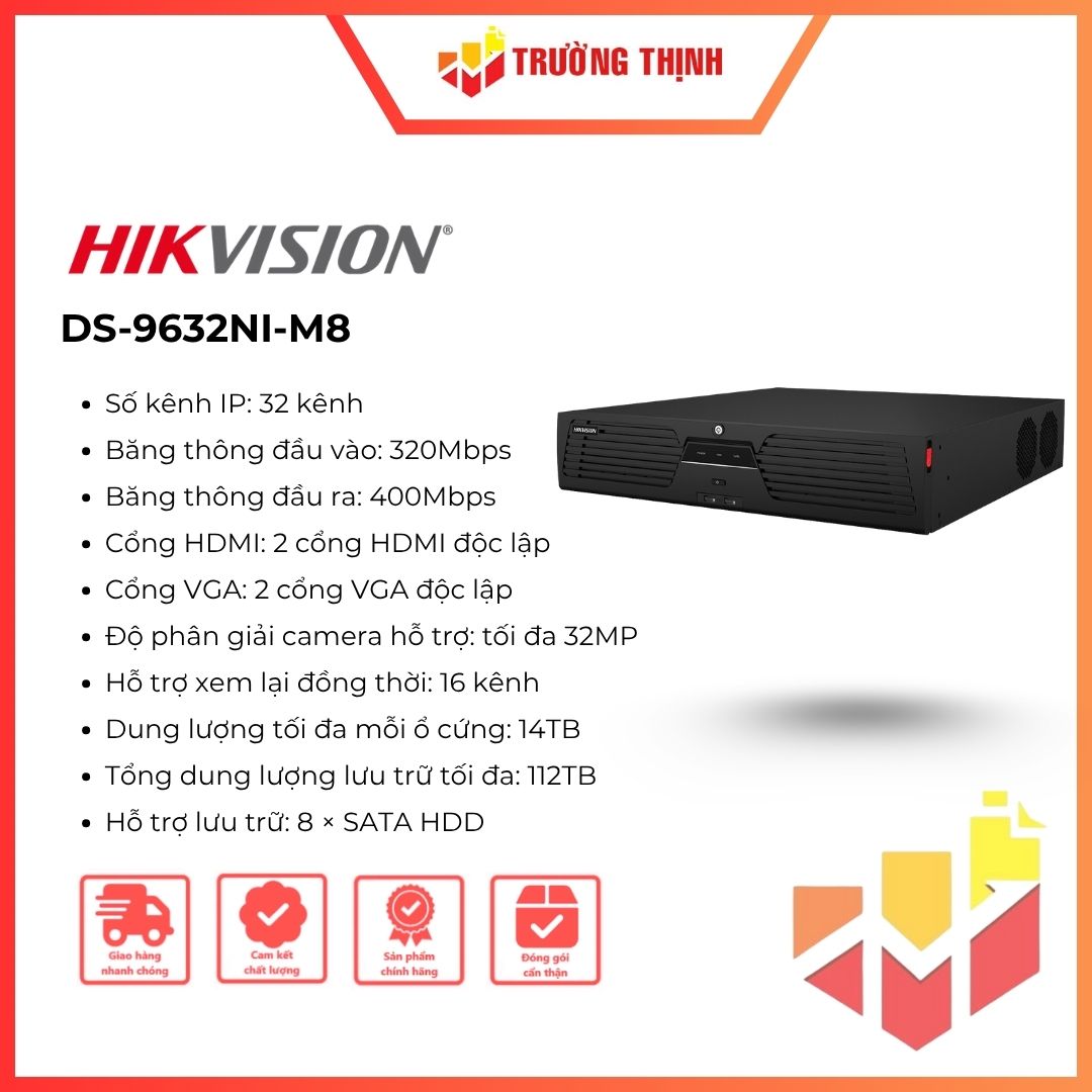 Đầu ghi NVR Hikvision DS-9632NI-M8 chính hãng, dùng cho hệ thống camera IP, hỗ trợ quản lý và lưu trữ hình ảnh giám sát.