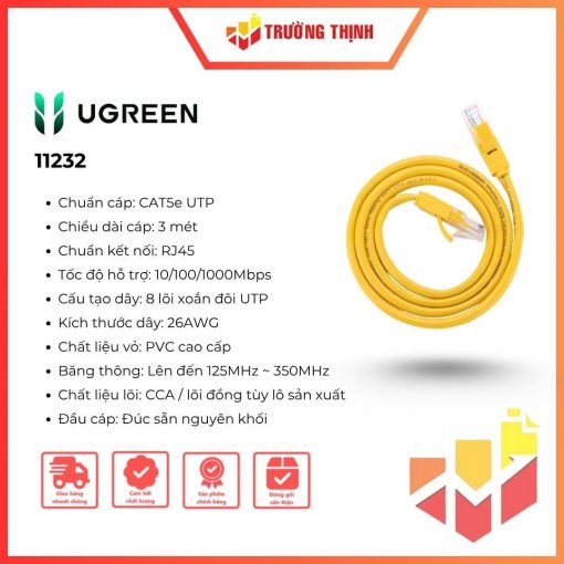 Dây mạng cat5e UTP màu vàng 26AWG CCA 3M Ugreen 11232