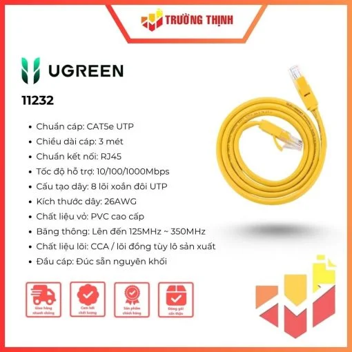Dây mạng cat5e UTP màu vàng 26AWG CCA 3M Ugreen 11232