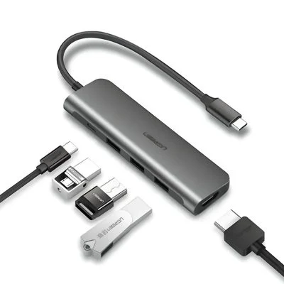 Thiết bị mở rộng Ugreen 80132 USB C to 3 USB 3.0+HDMI 4K + Audio 3.5mm hỗ trợ Mic + PD 100W