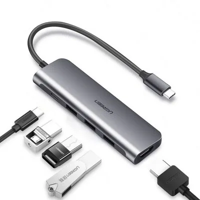 Bộ chuyển đổi Ugreen 70495 USB Type-C sang 3 cổng USB3.0, HDMI, USB Type-C âm hỗ trợ sạc PD