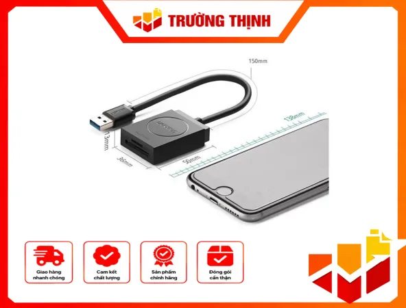 Đầu đọc thẻ nhớ Micro SD/SD chuẩn USB 3.0 Ugreen 20250Độ dài cáp: 15cm