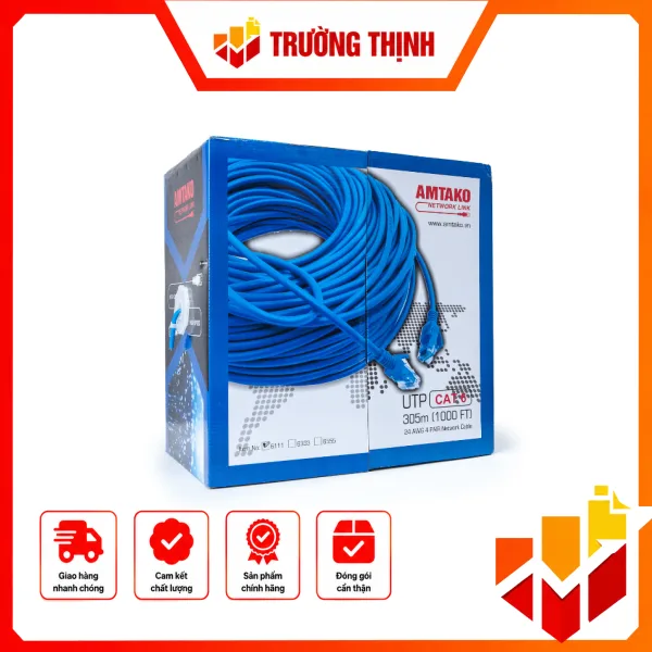 Dây mạng Cat6 UTP AMTAKO 6888 được đóng gói theo tiêu chuẩn châu Âu 305m/cuộn