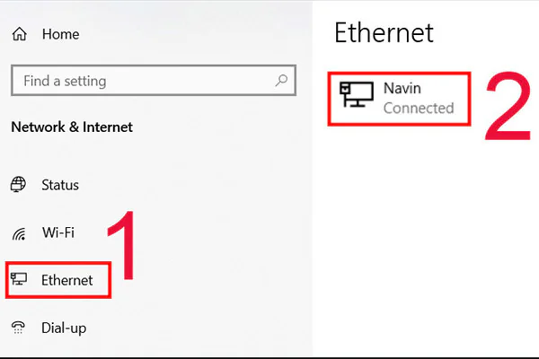 Kiểm tra máy tính đã kết nối với mạng LAN Chọn tab Ethernet