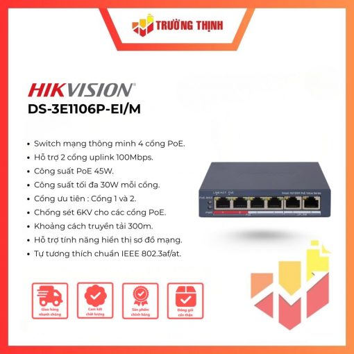 Switch mạng PoE 4 cổng Hikvision DS-3E1106P-EI/M