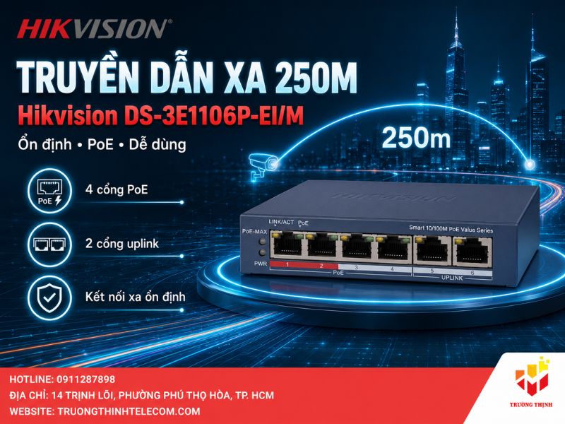 Khả năng truyền dẫn khoảng cách xa 250m đột phá của Hikvision DS-3E1106P-EI/M