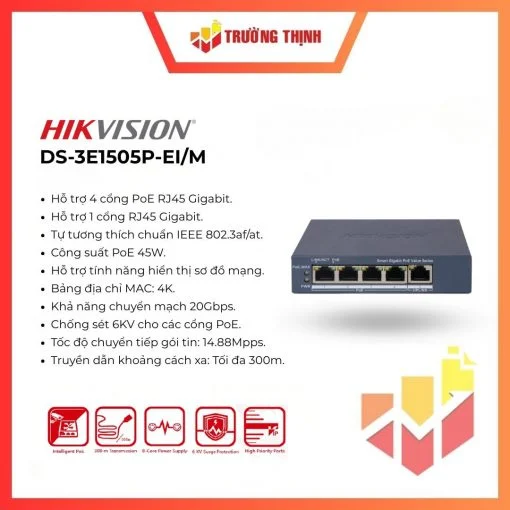 Switch mạng thông minh 4 cổng PoE Gigabit Hikvision DS-3E1505P-EI/M