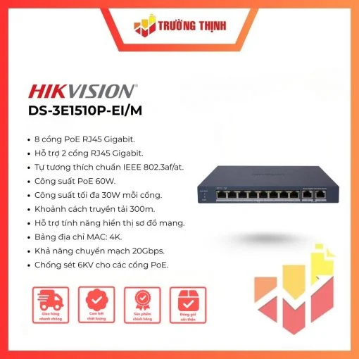 Switch mạng thông minh 8 cổng PoE Gigabit Hikvision DS-3E1510P-EI/M