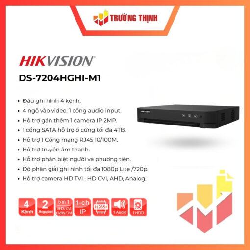 Đầu ghi DVR Hikvision DS-7204HGHI-M1 chính hãng, dùng cho hệ thống camera Turbo HD/Analog, phù hợp nâng cấp và lưu trữ hình ảnh.
