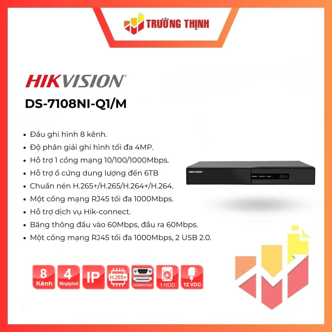 Đầu ghi NVR Hikvision DS-7108NI-Q1/M chính hãng, dùng cho hệ thống camera IP, hỗ trợ quản lý và lưu trữ hình ảnh giám sát.