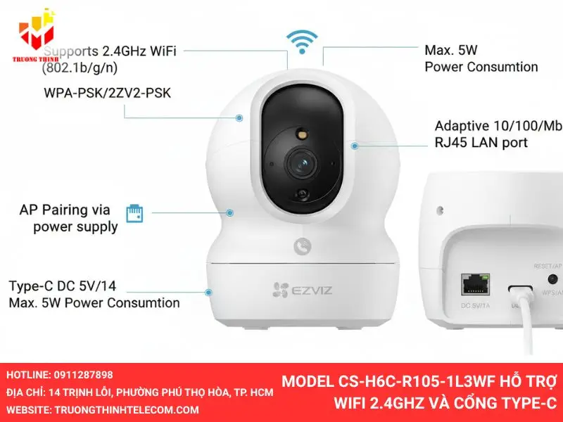 Model CS-H6c-R105-1L3WF hỗ trợ WiFi 2.4GHz và cổng Type-C