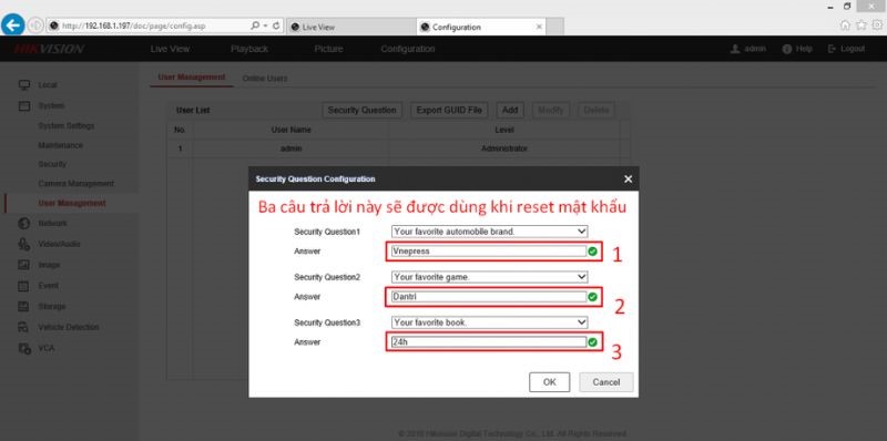 Trả lời câu hỏi bảo mật
