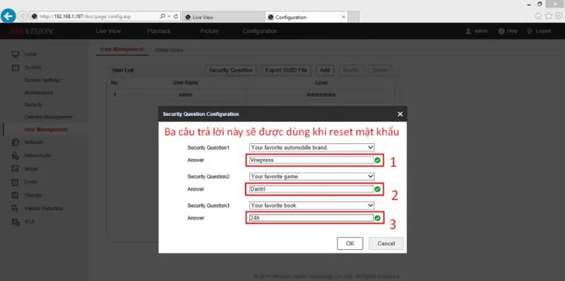 Trả lời câu hỏi bảo mật