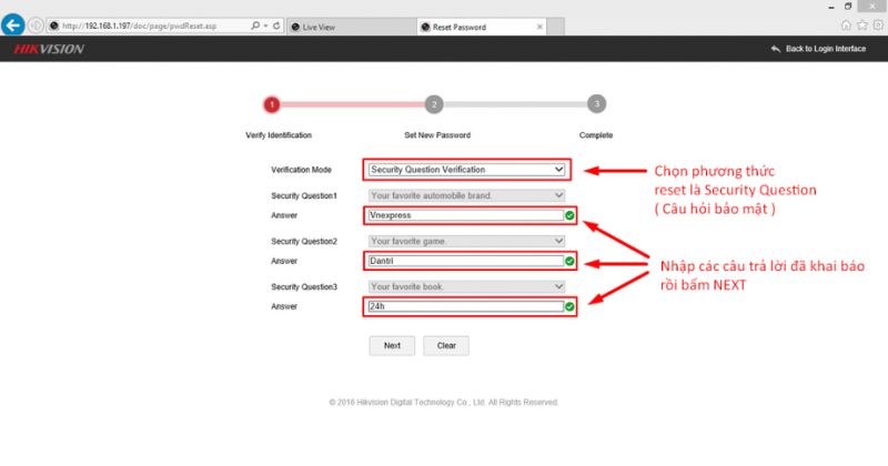 Chọn cách thức reset là Security Question