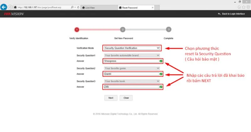 Chọn cách thức reset là Security Question