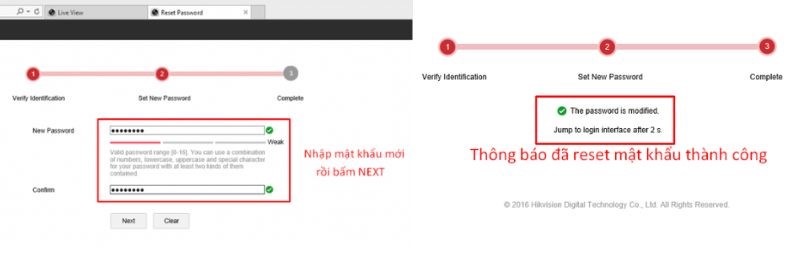 Màn hình sẽ hiển thị thông báo Reset mật khẩu đầu ghi Hikvision thành công