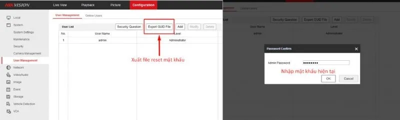 Xuất file reset và nhập mật khẩu