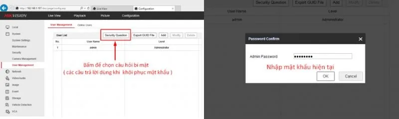 Chọn câu hỏi bí mật và nhập mật khẩu hiện tại
