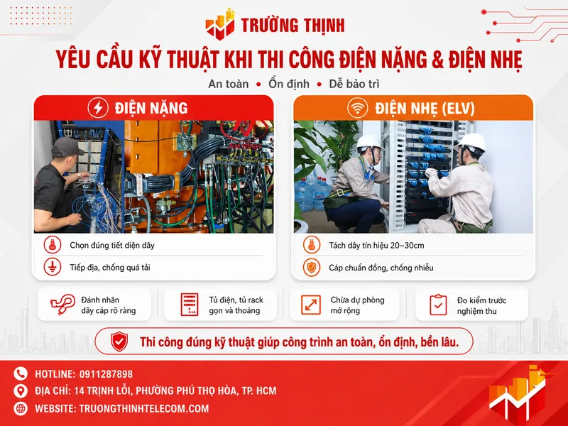 Yêu cầu kỹ thuật khi thi công điện nặng và điện nhẹ