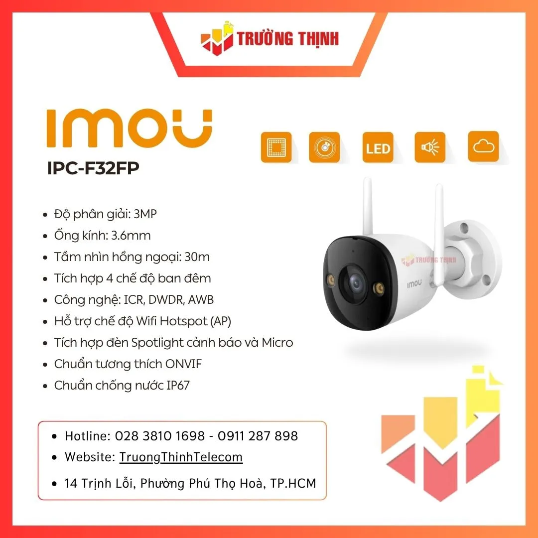 Camera Wifi Thân Ngoài Trời 3MP Imou Full Color IPC-F32FP