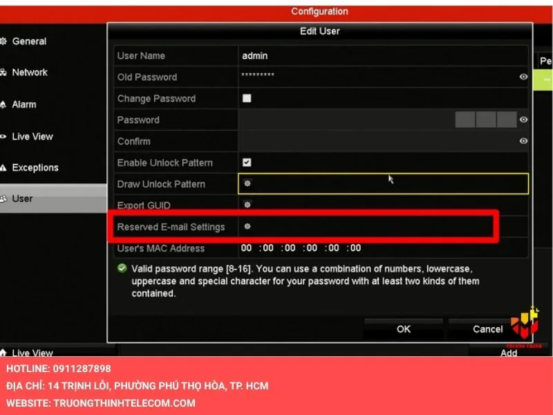Mục Reserved Email Settings