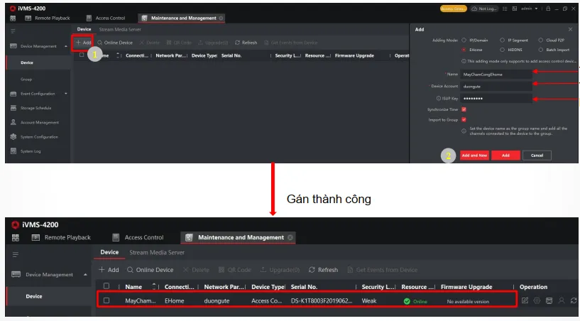 Gán máy chấm công về máy chủ bằng giao thức Ehome 5.0 thành công