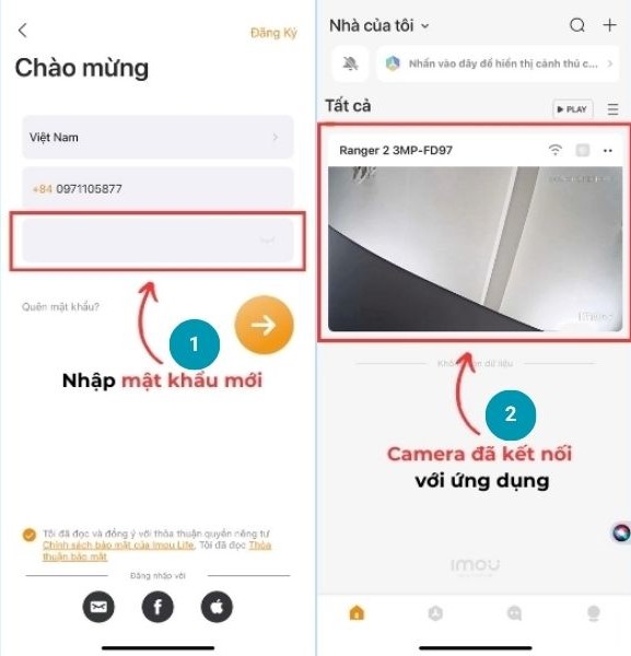 Đăng nhập bằng mật khẩu mới và kiểm tra kết nối camera