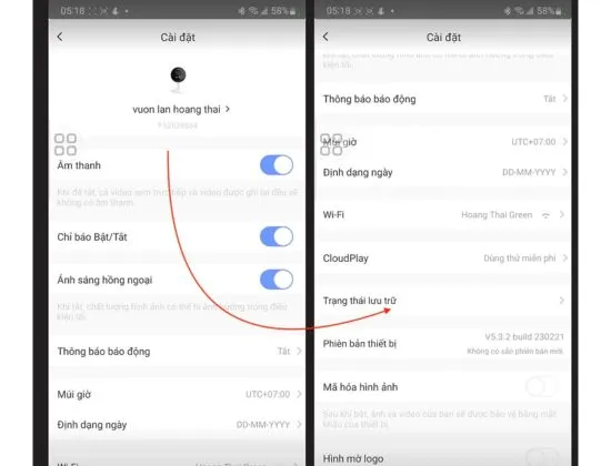 Chọn Trạng thái lưu trữ để vào mục quản lý thẻ nhớ