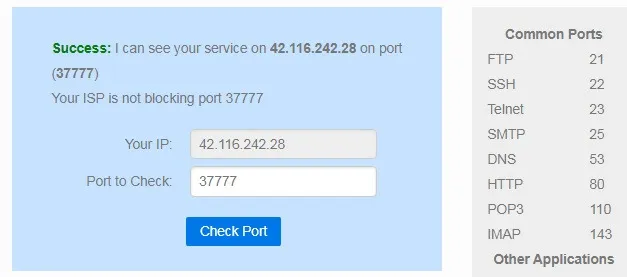 Port đã được mở thành công