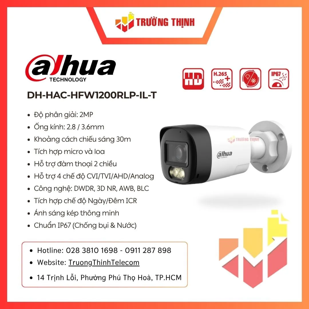 Camera HDCVI 2MP DAHUA DH-HAC-HFW1200RLP-IL-T