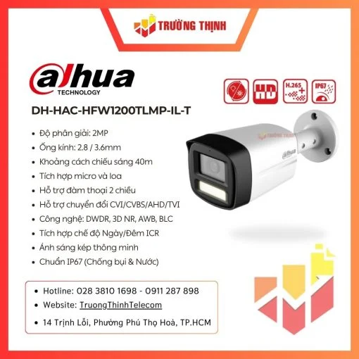 Camera HDCVI 2MP DAHUA DH-HAC-HFW1200TLMP-IL-T