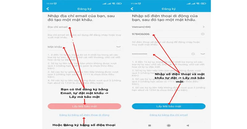 Nhập số điện thoại di động (email) và mật khẩu để đăng ký tài khoản