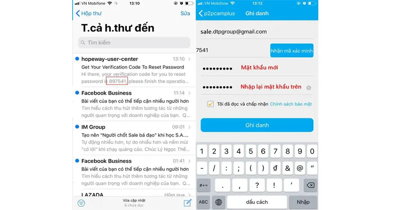 Nhập mã xác minh sau đó tạo mật khẩu mới cho tài khoản
